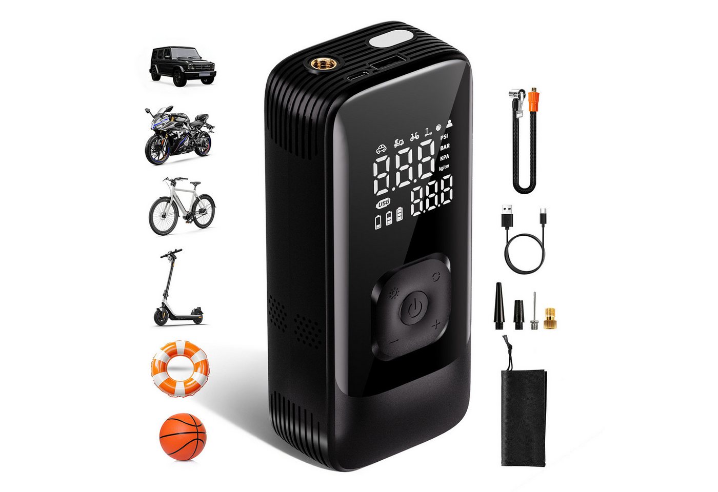 skelo Akku-Luftpumpe Elektrische Luftpumpe, elektrische Fahrradpumpe, 150 PSI, 4500 mAh (6-tlg., für Auto, Fahrrad, E-Bike, Motorrad und Bälle), Akku-Kompressor mit LED & LCD-Reifendrucküberwachung Bild 4
