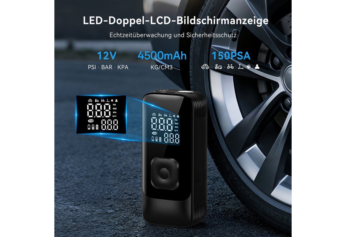 skelo Akku-Luftpumpe Elektrische Luftpumpe, elektrische Fahrradpumpe, 150 PSI, 4500 mAh (6-tlg., für Auto, Fahrrad, E-Bike, Motorrad und Bälle), Akku-Kompressor mit LED & LCD-Reifendrucküberwachung Bild 5