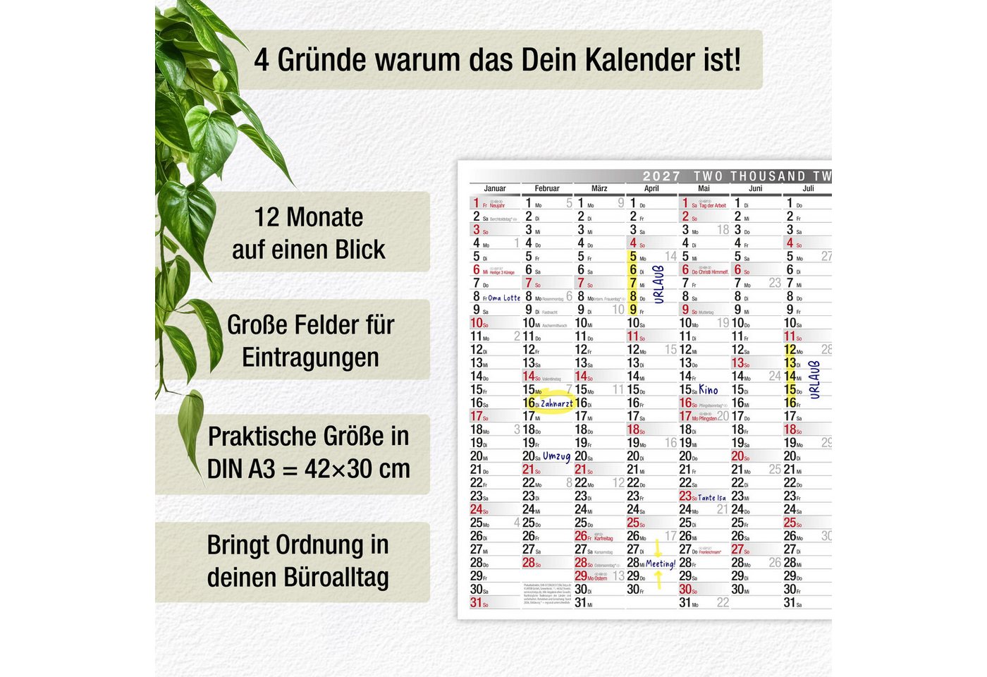 TOBJA Wandkalender Wandkalender 2027 A3 Querformat – Großer Jahresplaner KW, Klassisch schwarz-weiß, KW, FSC-Papier, Rückseite Jahresplanung