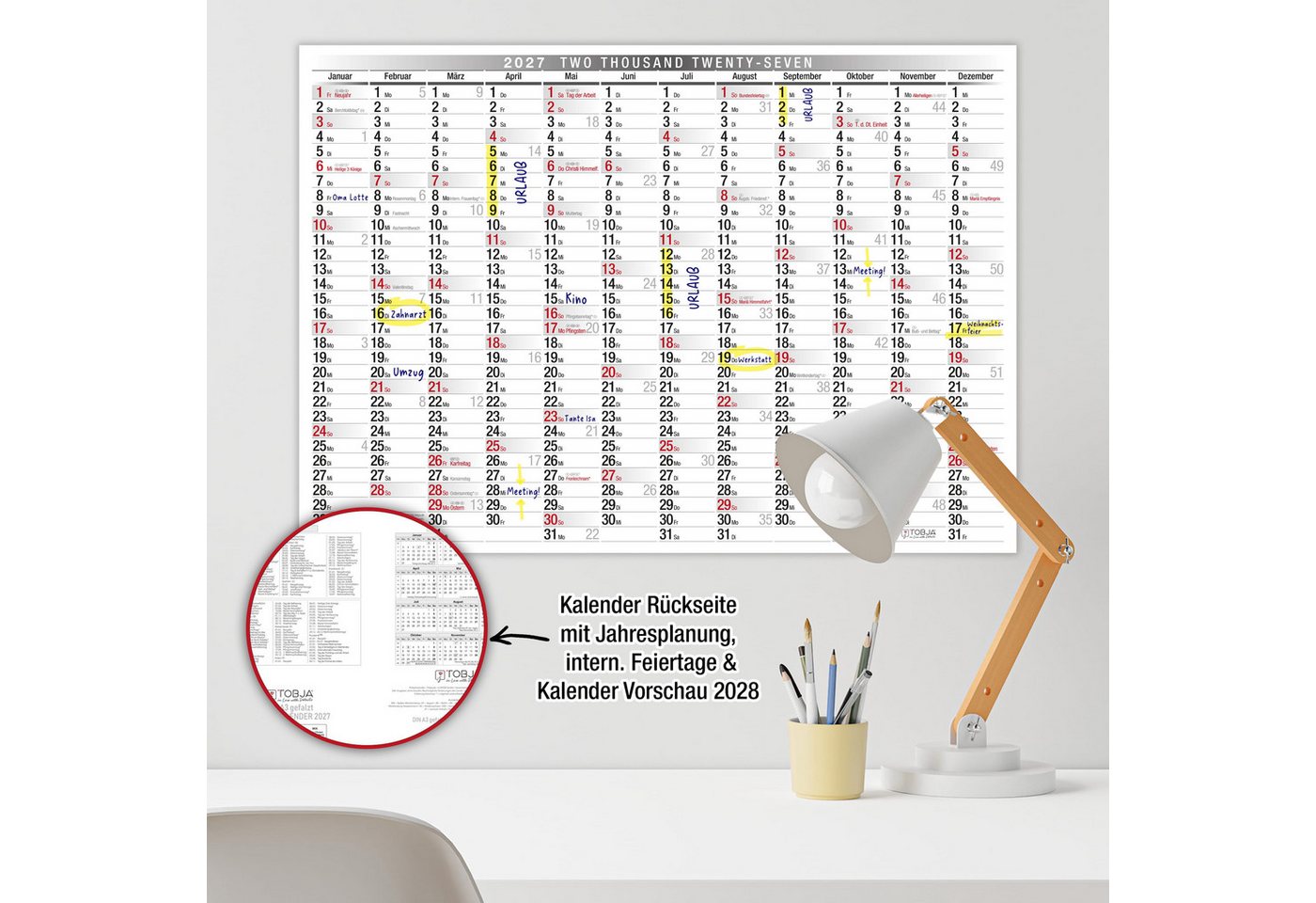 TOBJA Wandkalender Wandkalender 2027 A3 Querformat – Großer Jahresplaner KW, Klassisch schwarz-weiß, KW, FSC-Papier, Rückseite Jahresplanung Bild 3
