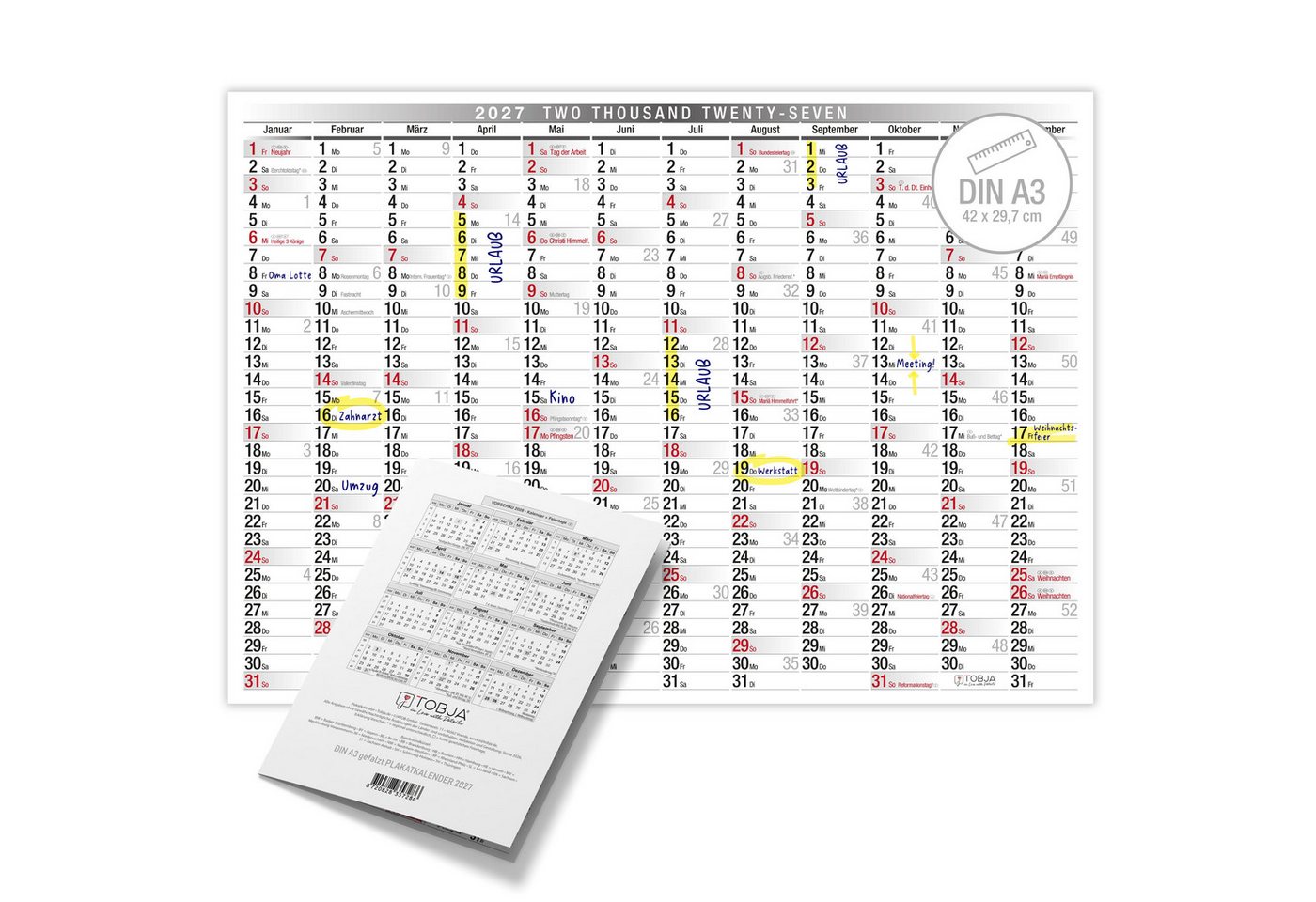 TOBJA Wandkalender Wandkalender 2027 A3 Querformat – Großer Jahresplaner KW, Klassisch schwarz-weiß, KW, FSC-Papier, Rückseite Jahresplanung Bild 5