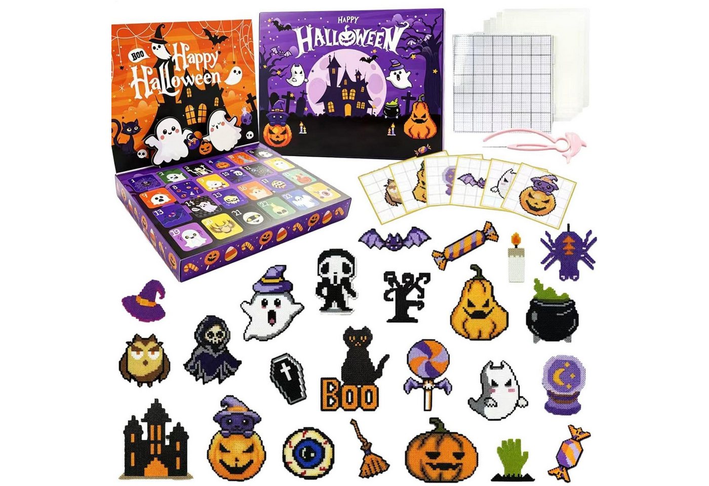 Sorvyzxn Bügelperlen Kreativset Halloween-Adventskalender mit Bügelperlen 2026, DIY-Bastelset inklusive Werkzeug für Kinder und Erwachsene