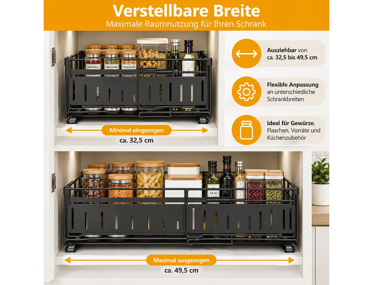 LEMLIT Küchenorganizer-Set Teleskopschublade Küche, Ausziehbarer Schrankorganizer 32,5–49,5 cm, (2er Set, 2-tlg., 2tlg), Schrankauszug Metall, für Küchenschrank Organizer, Schwarz