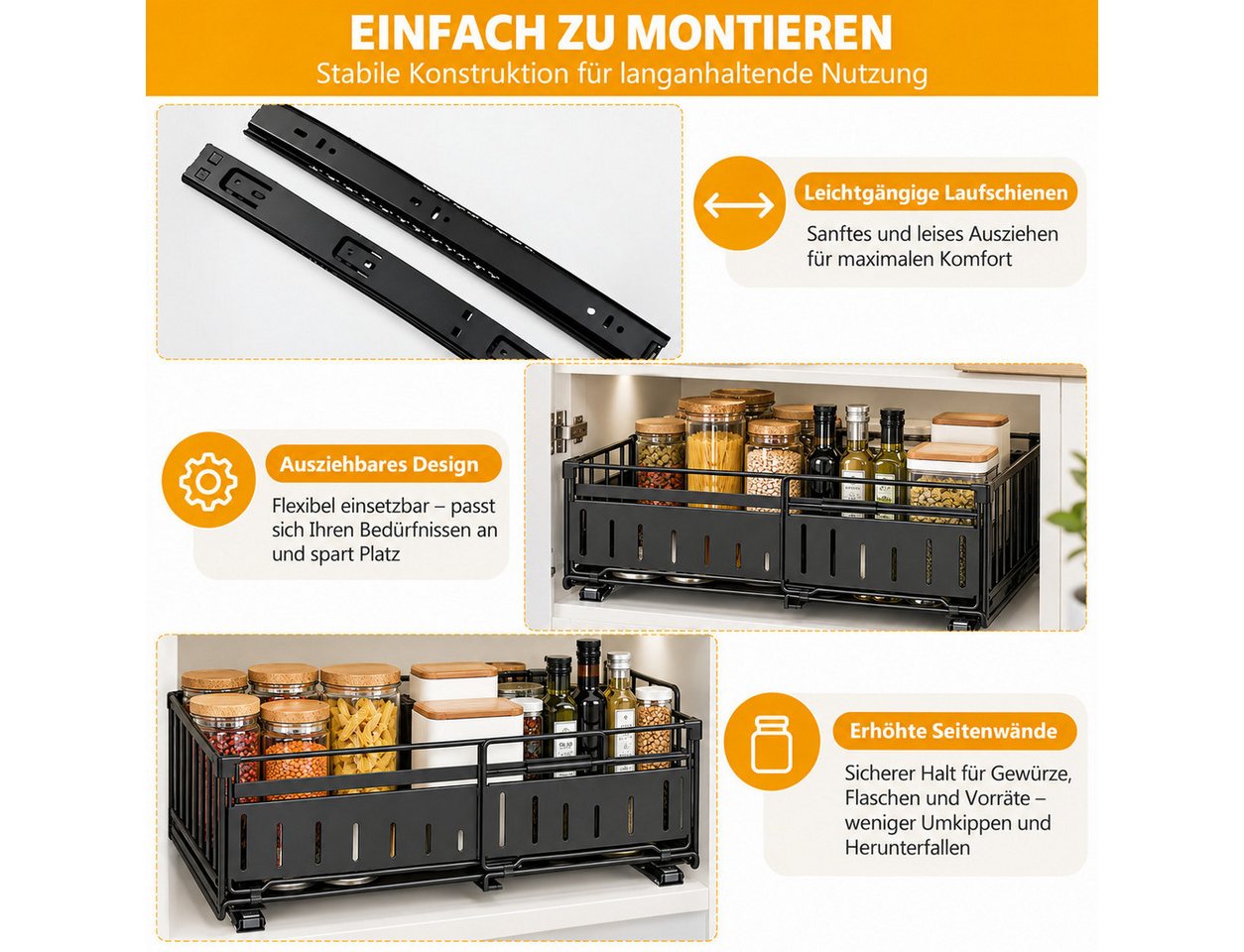 LEMLIT Küchenorganizer-Set Teleskopschublade Küche, Ausziehbarer Schrankorganizer 32,5–49,5 cm, (2er Set, 2-tlg., 2tlg), Schrankauszug Metall, für Küchenschrank Organizer, Schwarz Bild 2