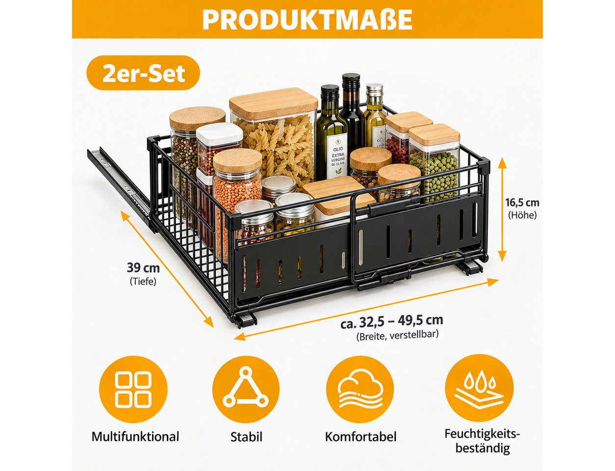 LEMLIT Küchenorganizer-Set Teleskopschublade Küche, Ausziehbarer Schrankorganizer 32,5–49,5 cm, (2er Set, 2-tlg., 2tlg), Schrankauszug Metall, für Küchenschrank Organizer, Schwarz Bild 3