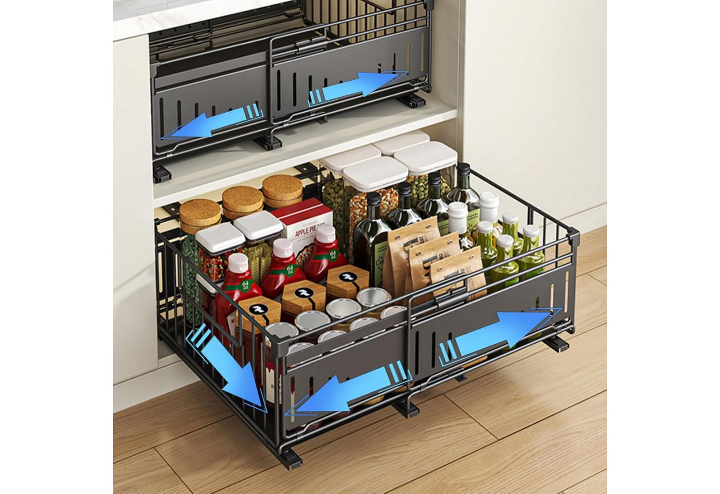 LEMLIT Küchenorganizer-Set Teleskopschublade Küche, Ausziehbarer Schrankorganizer 32,5–49,5 cm, (2er Set, 2-tlg., 2tlg), Schrankauszug Metall, für Küchenschrank Organizer, Schwarz Bild 4