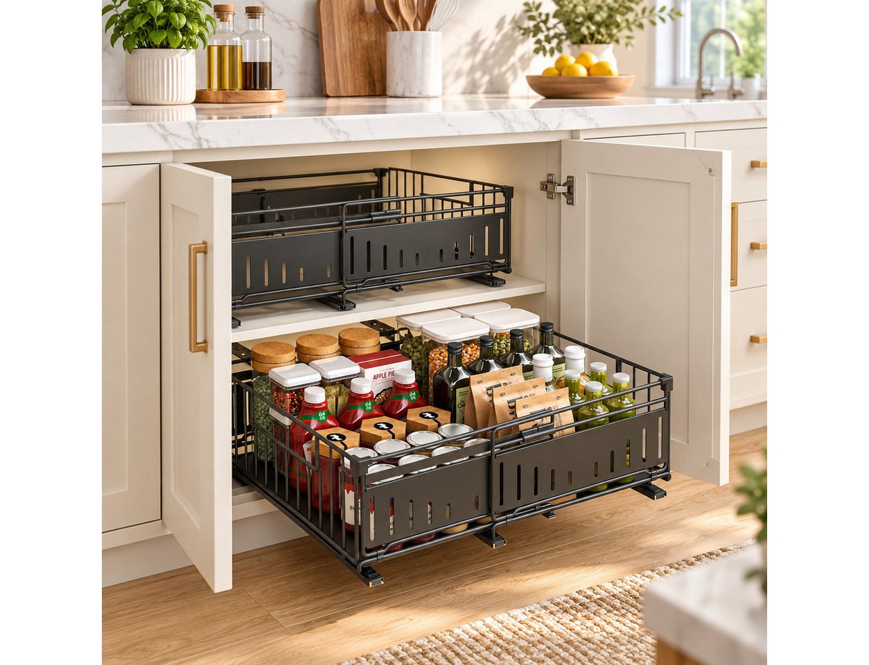 LEMLIT Küchenorganizer-Set Teleskopschublade Küche, Ausziehbarer Schrankorganizer 32,5–49,5 cm, (2er Set, 2-tlg., 2tlg), Schrankauszug Metall, für Küchenschrank Organizer, Schwarz Bild 5