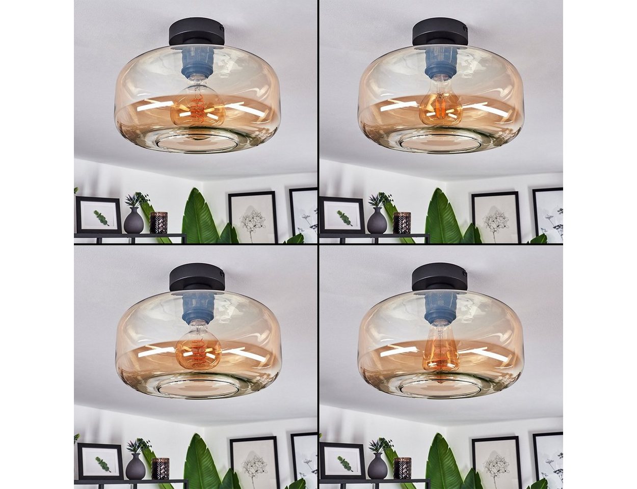 hofstein Deckenleuchte »Vizzini« Deckenlampe aus Metall/Glas in Schwarz/Bernsteinfarben, ohne Leuchtmittel, Leuchte im Retro/Vintage-Design mit Schirm aus Glas (27, 5cm), 1xE27