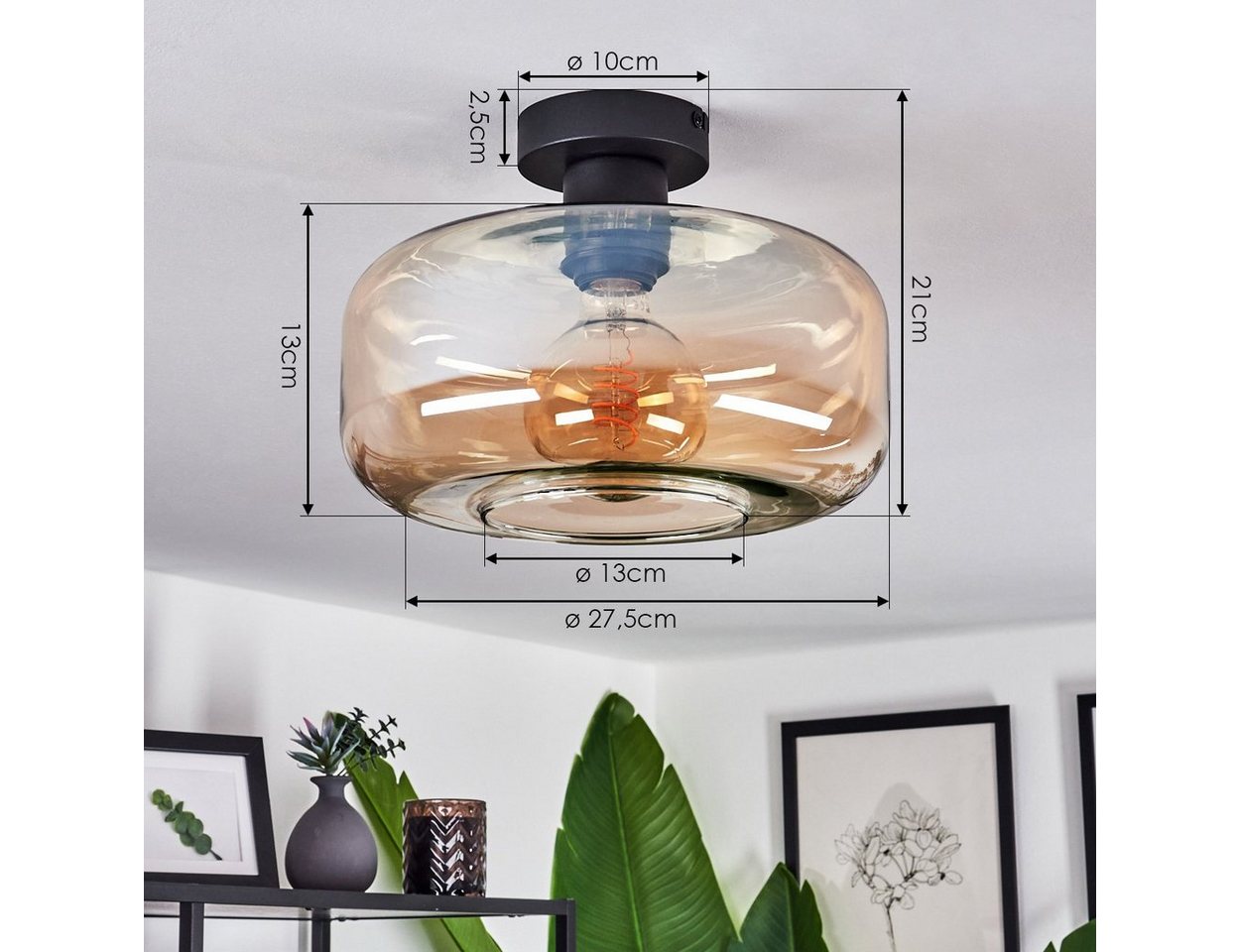 hofstein Deckenleuchte »Vizzini« Deckenlampe aus Metall/Glas in Schwarz/Bernsteinfarben, ohne Leuchtmittel, Leuchte im Retro/Vintage-Design mit Schirm aus Glas (27, 5cm), 1xE27 Bild 4