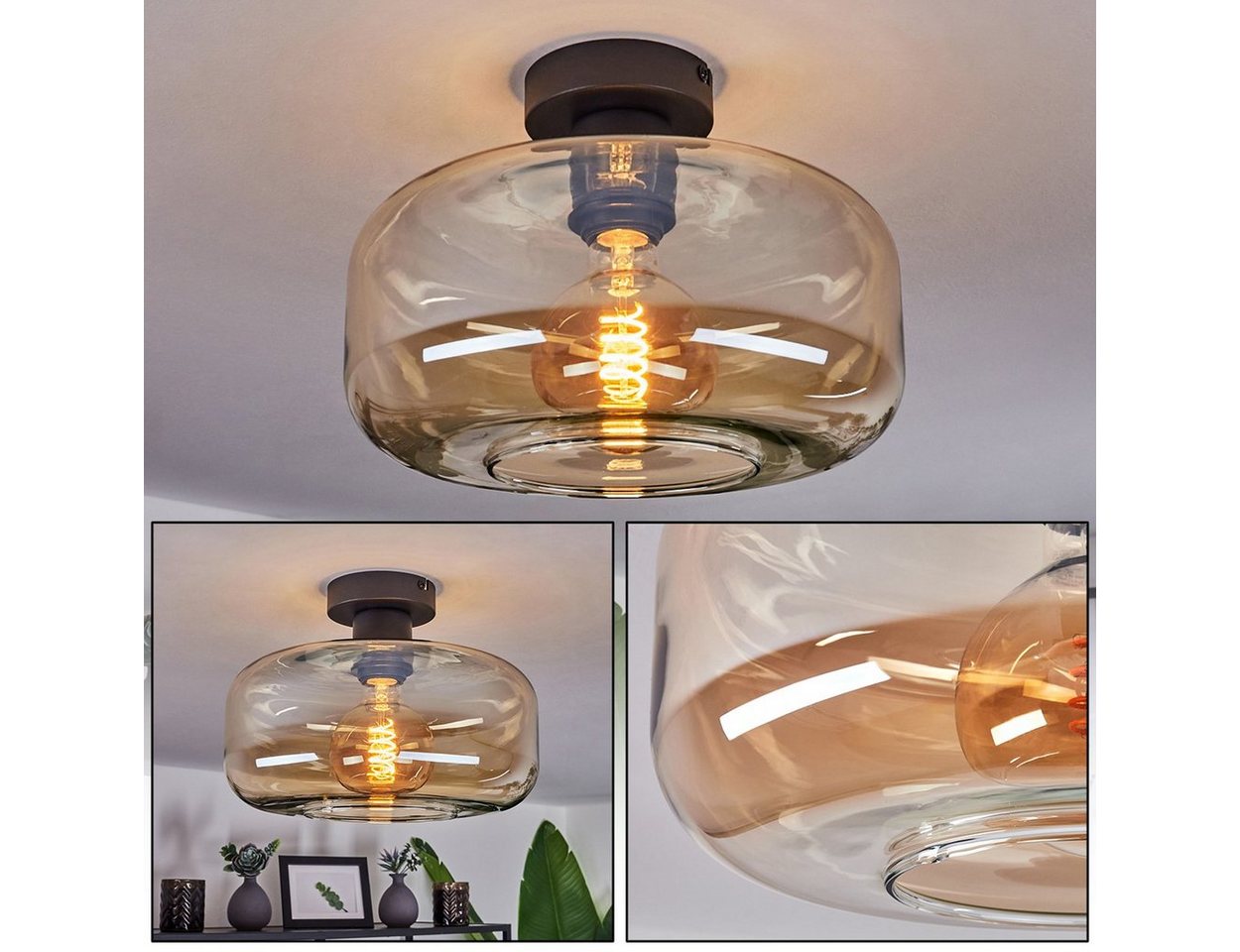 hofstein Deckenleuchte »Vizzini« Deckenlampe aus Metall/Glas in Schwarz/Bernsteinfarben, ohne Leuchtmittel, Leuchte im Retro/Vintage-Design mit Schirm aus Glas (27, 5cm), 1xE27 Bild 5