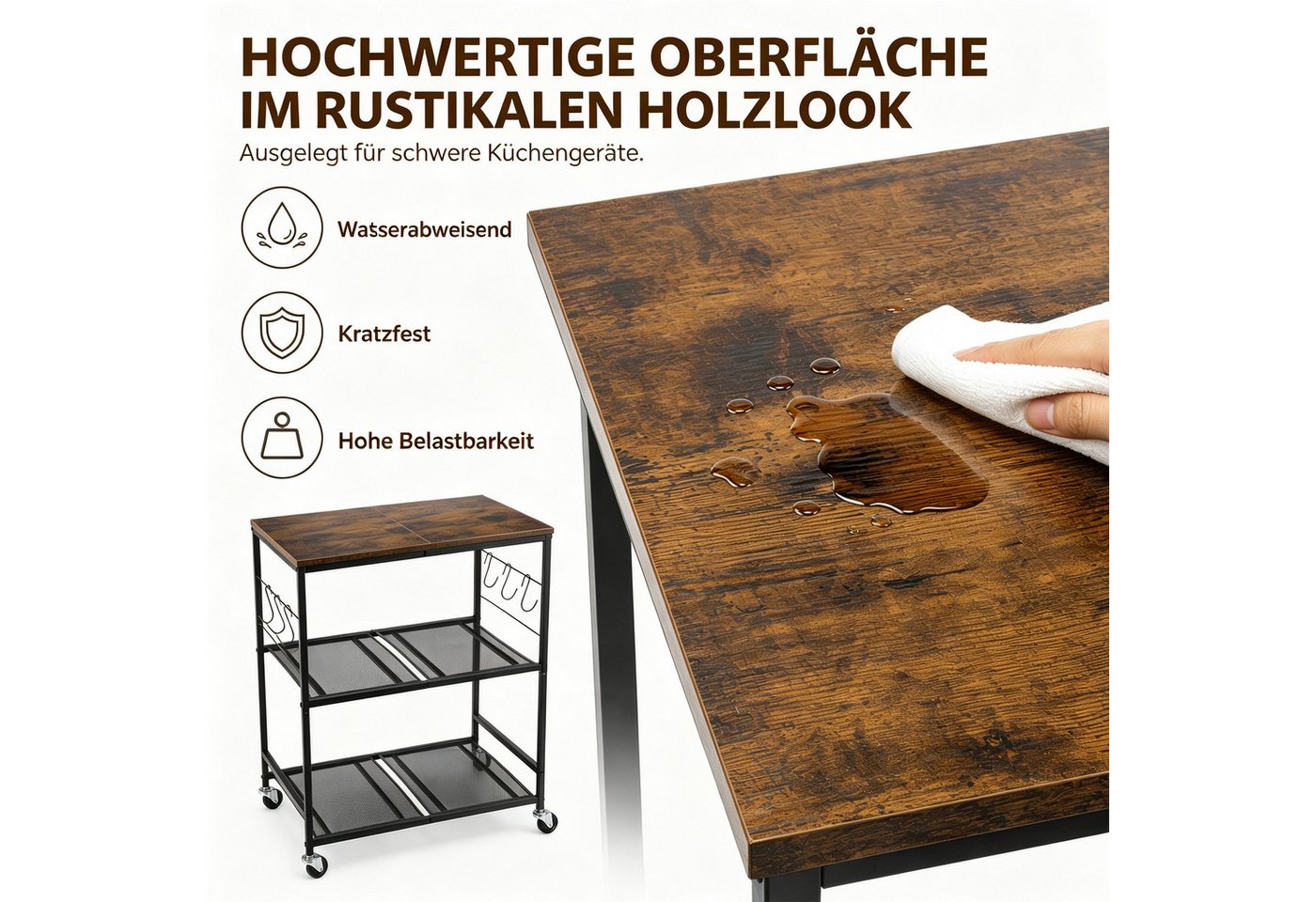 BlingBin Küchenwagen 3 Etagen Servierwagen mit 6 Haken, (1er Set, 1 St., 1tlg), 4 Rollen, Rollwagen für Küche, Aufbewahrungsregal für kleine Geräte