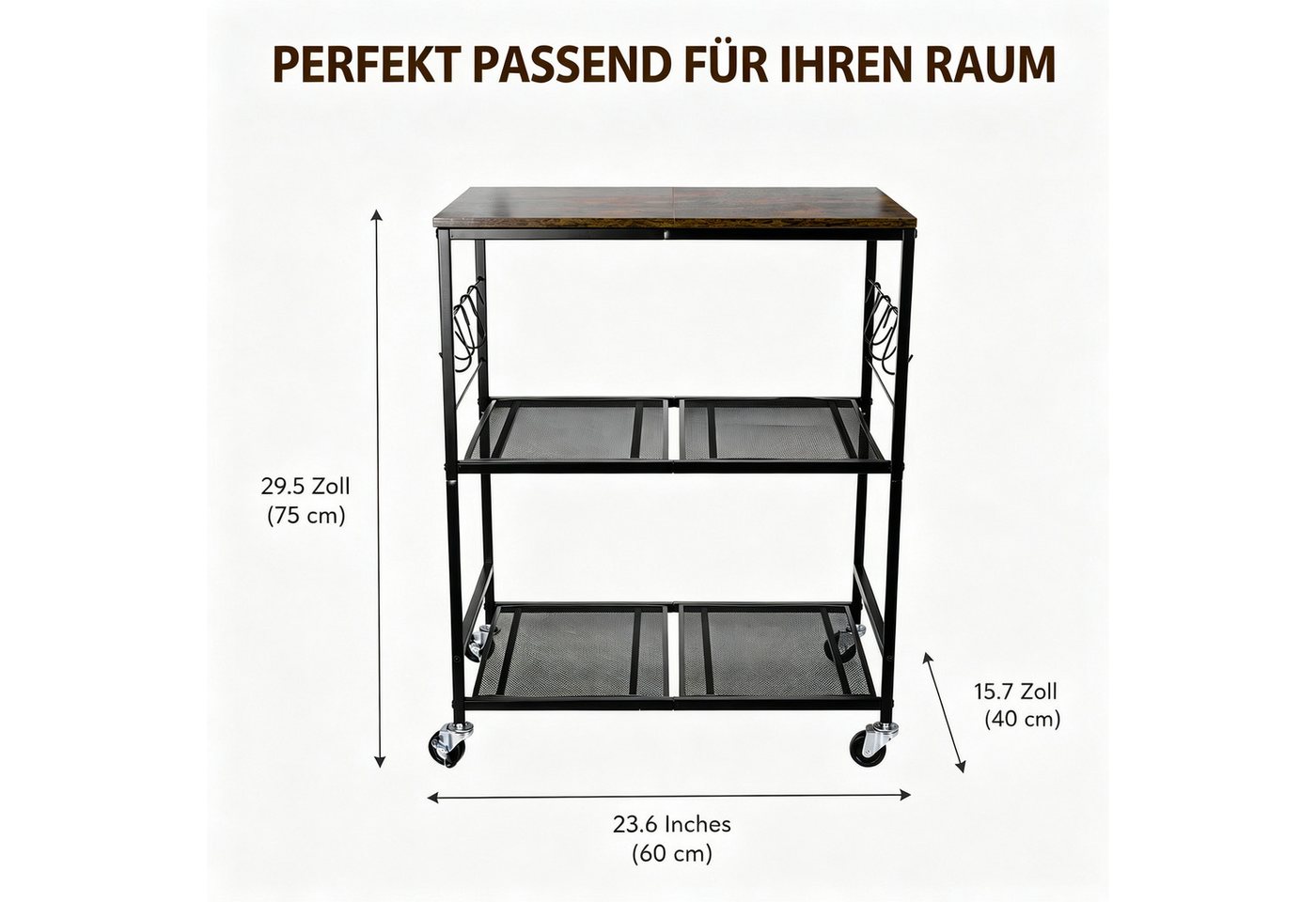 BlingBin Küchenwagen 3 Etagen Servierwagen mit 6 Haken, (1er Set, 1 St., 1tlg), 4 Rollen, Rollwagen für Küche, Aufbewahrungsregal für kleine Geräte Bild 2