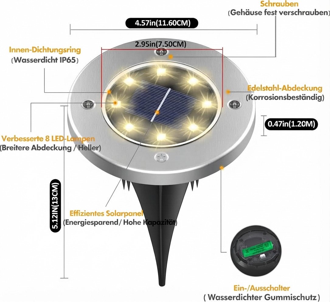LaCute LED Solarleuchte Solar-Bodenleuchten Außen 8er-Set LED Warmweiß mit 8 LEDs, LED fest integriert, Warmweiß, 8er-Set, 8 LEDs je Leuchte, Solar, 600 mAh, Warmweiß, IP65 Bild 2