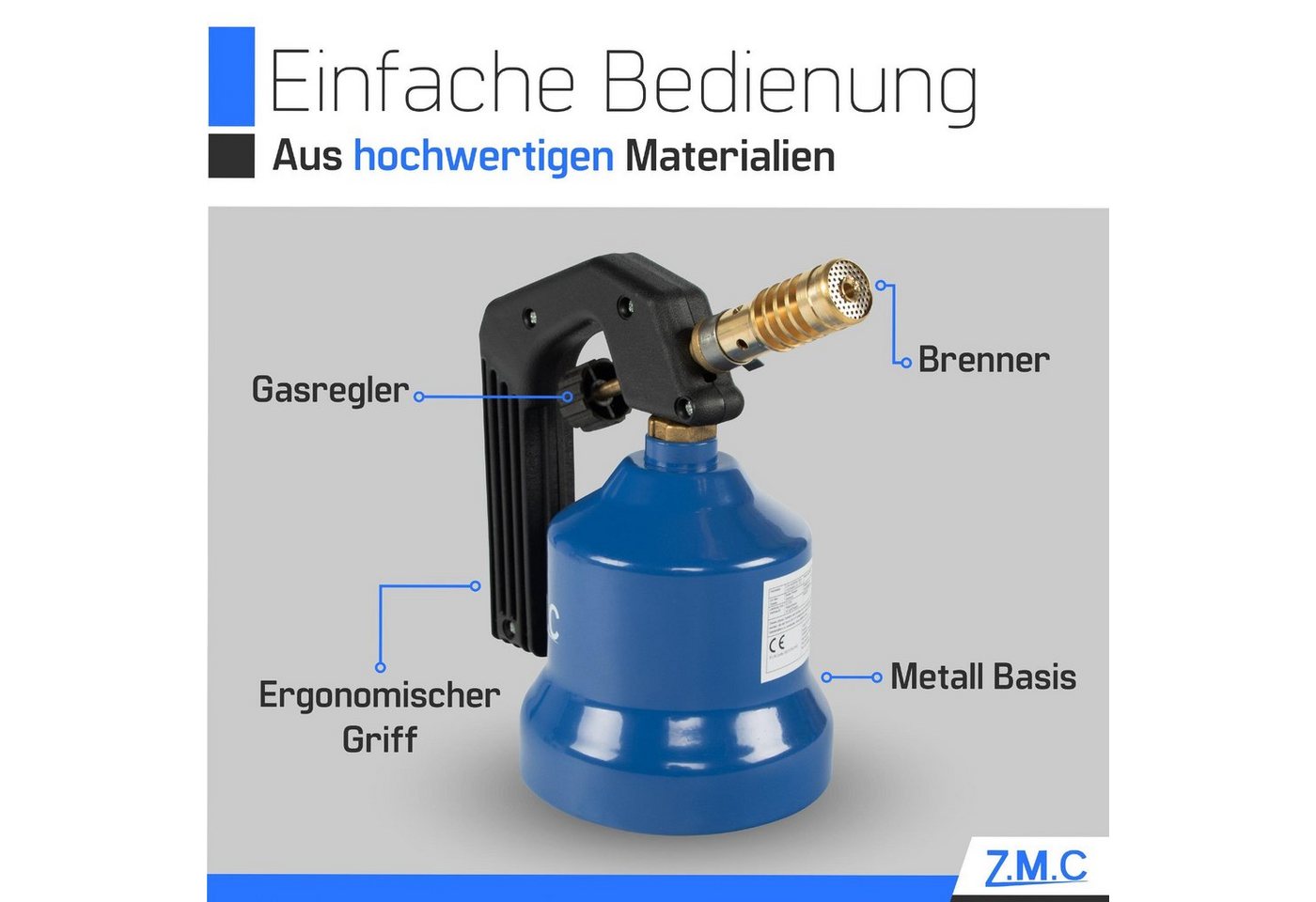 ZMC Flambierbrenner Gasbrenner Grillanzünder Gasanzünder Lötpistole +4 Gaskartuschen 190g, (Lötlampe 2,2 kW Temperatur von bis zu 1200 ° C), Butangas Lötbrenner Kohleanzünder Flammspritzpistole Bunsenbrenner Bild 5