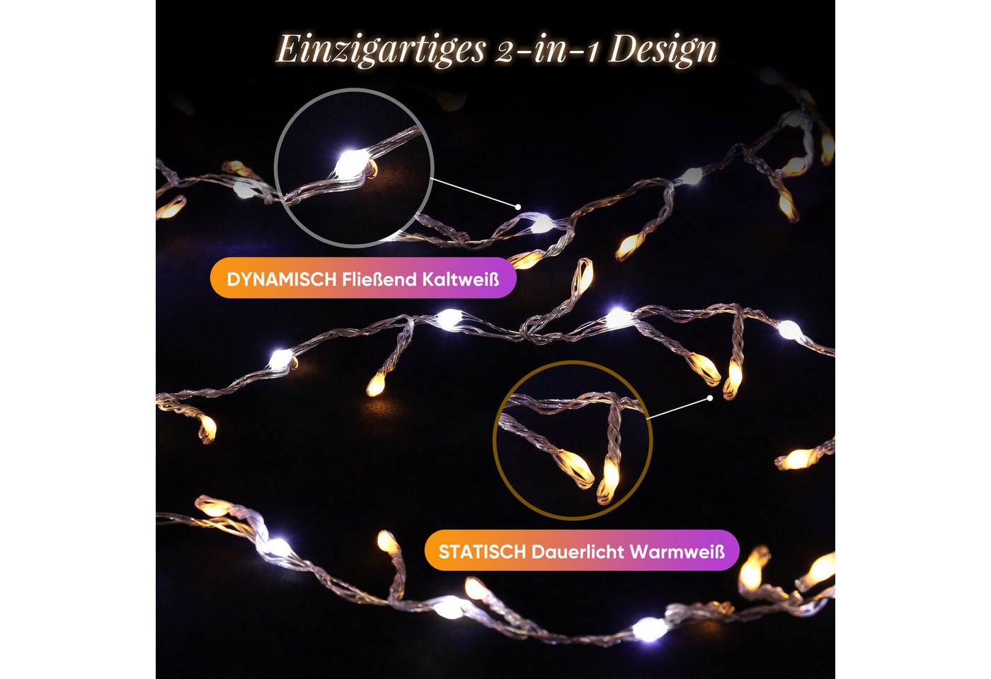 Salcar LED-Lichterkette LED Lichterkette Außen Warmweiß & Kaltweiß Lichterkette Weihnachtsbaum, 14 Modi, 3m 160 LED Weihnachtsbeleuchtung Weihnachtsdeko