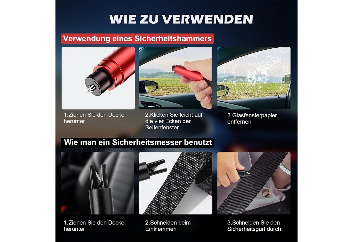 FELIXLEO Hammer 2er Notfallhammer Auto mit Gurtschneider Sicherheitshammer (1-St) Bild 5