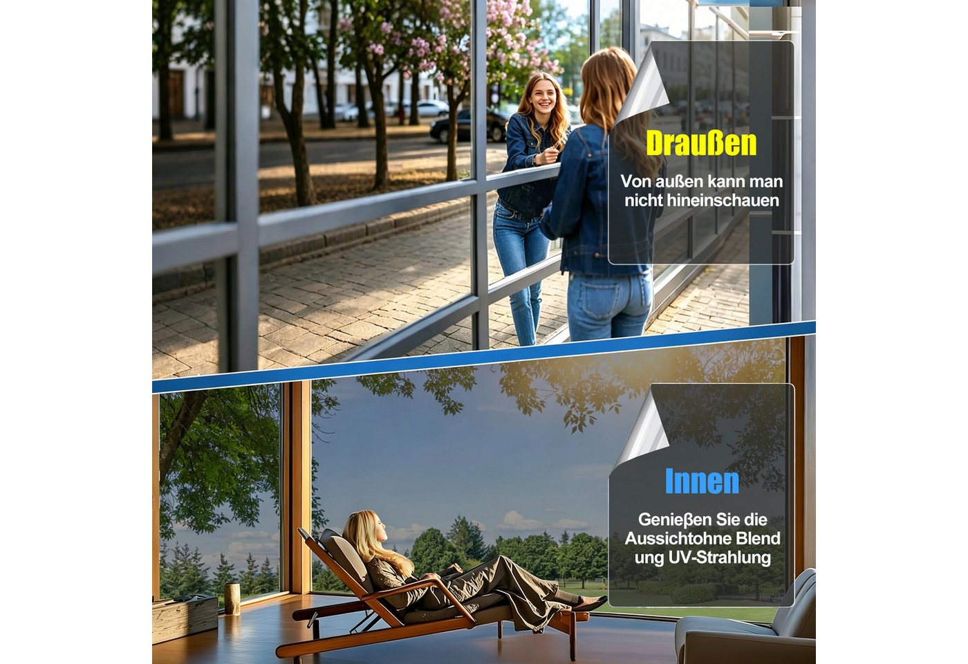 Bundviel Sonnenschutz-Fensterfolie UV-Schutz Blickdicht Sichtschutzfolie Spiegelfolie Fensterfolie, Ganzjährig