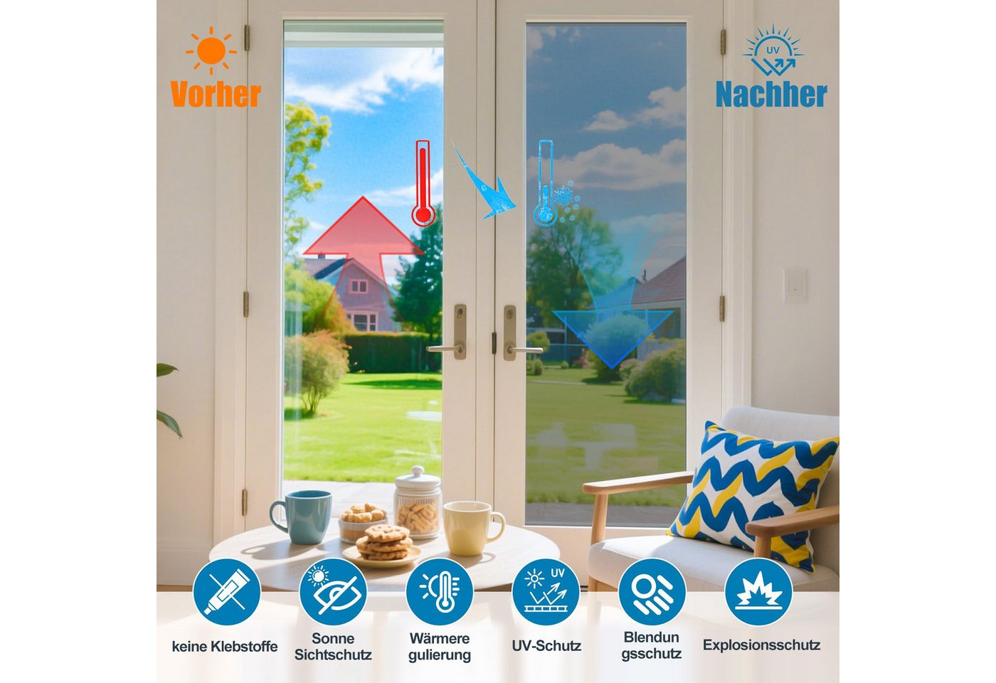 Bundviel Sonnenschutz-Fensterfolie UV-Schutz Blickdicht Sichtschutzfolie Spiegelfolie Fensterfolie, Ganzjährig Bild 3