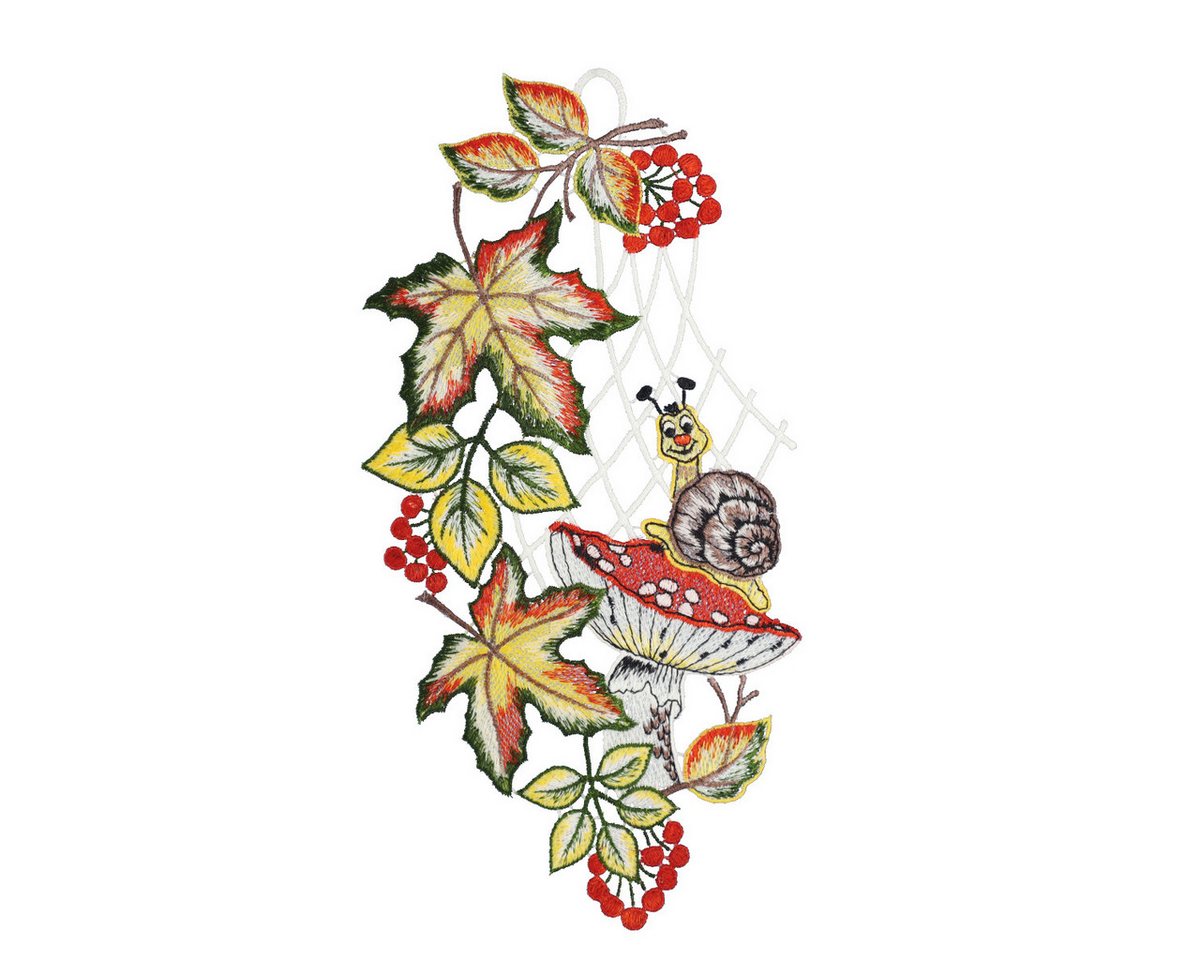 W. Reuter & Sohn - Plauener Spitze® Fensterdekoration Fensterbild "Schnecke mit Fliegenpilz" 15 x 30 cm, Plauener Spitze