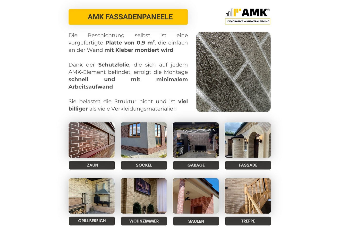 STM Company Verkleidungspaneel AMK Wand- und Fassadenpaneele in Klinkeroptik, 9 qm, (Packung, 1-tlg., 9 m) Flexibel, UV- & frostbeständig Bild 5