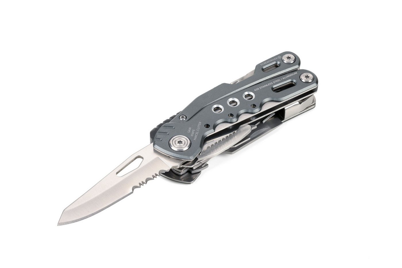 TROIKA Multitool Multifunktionswerkzeuge aus Edelstahl, verschiedene Anwendungsgebiete, mit Karabiner, Zange, Messer & Schraubendreher, 15 Funktionen, Outdoor