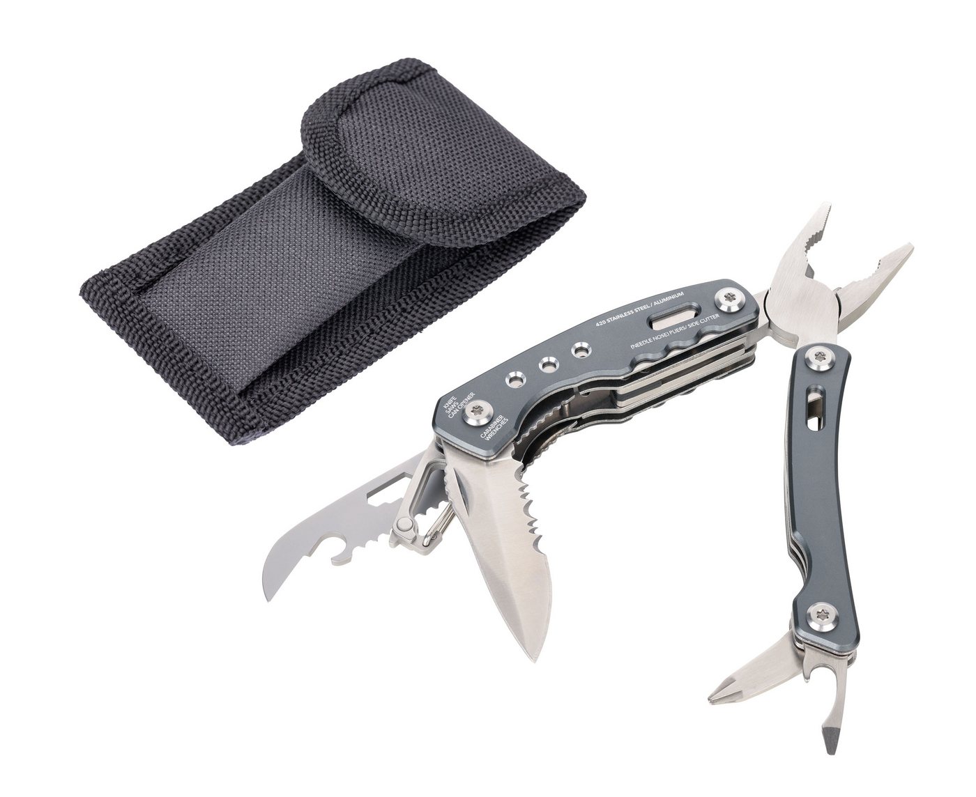 TROIKA Multitool Multifunktionswerkzeuge aus Edelstahl, verschiedene Anwendungsgebiete, mit Karabiner, Zange, Messer & Schraubendreher, 15 Funktionen, Outdoor Bild 4