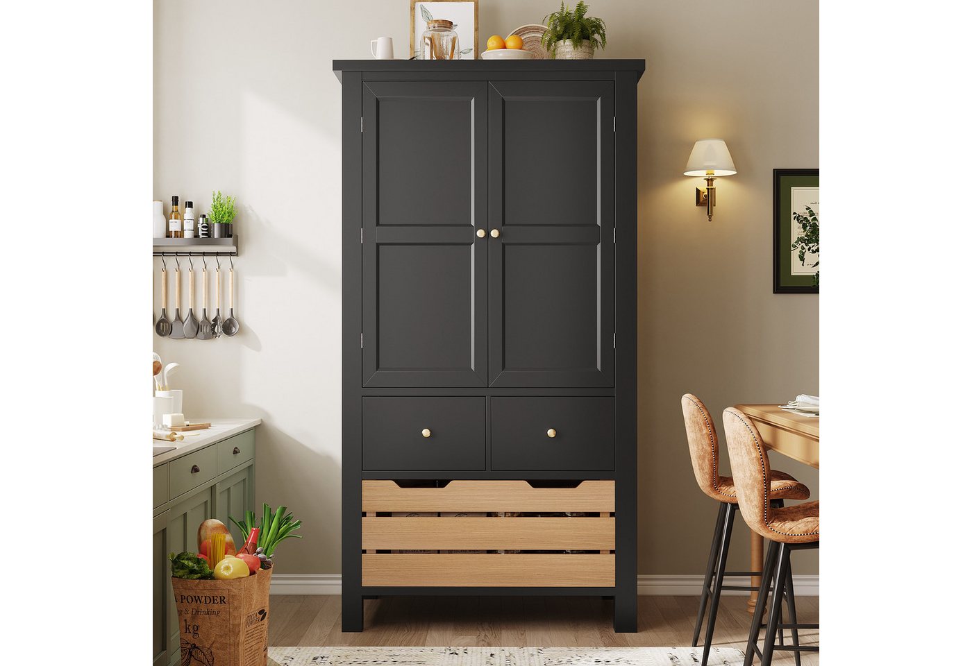Odikalo Küchenbuffet Küchenschrank Buffetschrank (Küchenschrank (80x40x140cm), hohes Küchenbuffet, Mehrzweckbuffet, Snackschrank, Aufbewahrungsmöbel mit zwei Türen und fünf Schubladen, schwarz / weiß) Bild 2