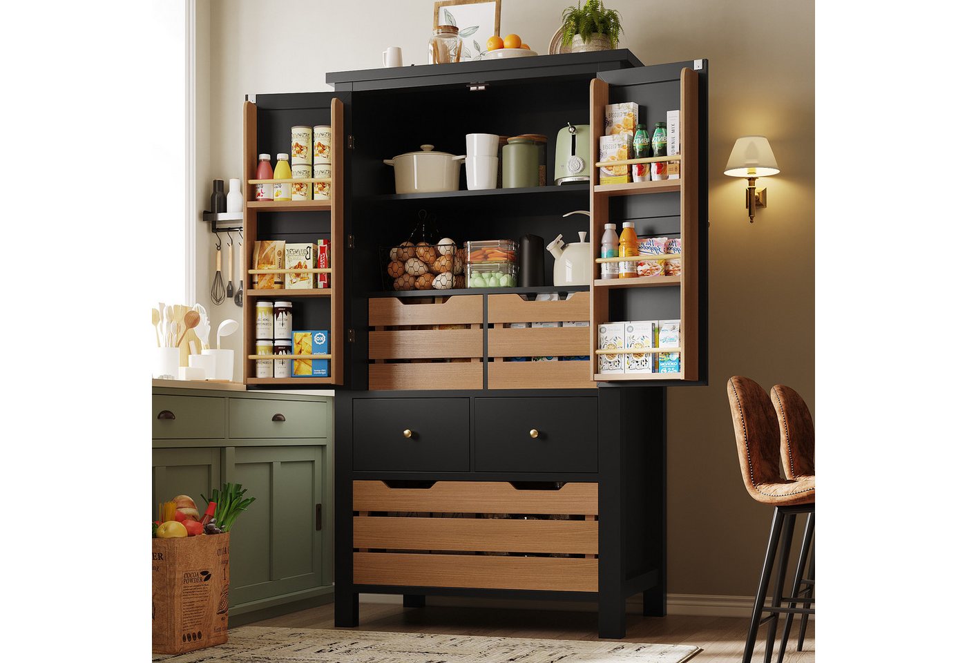 Odikalo Küchenbuffet Küchenschrank Buffetschrank (Küchenschrank (80x40x140cm), hohes Küchenbuffet, Mehrzweckbuffet, Snackschrank, Aufbewahrungsmöbel mit zwei Türen und fünf Schubladen, schwarz / weiß) Bild 3