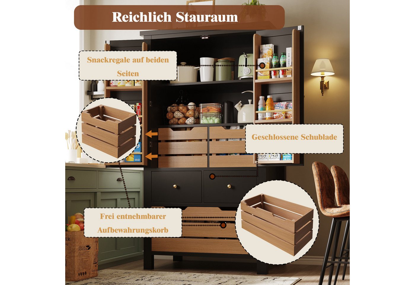 Odikalo Küchenbuffet Küchenschrank Buffetschrank (Küchenschrank (80x40x140cm), hohes Küchenbuffet, Mehrzweckbuffet, Snackschrank, Aufbewahrungsmöbel mit zwei Türen und fünf Schubladen, schwarz / weiß) Bild 4