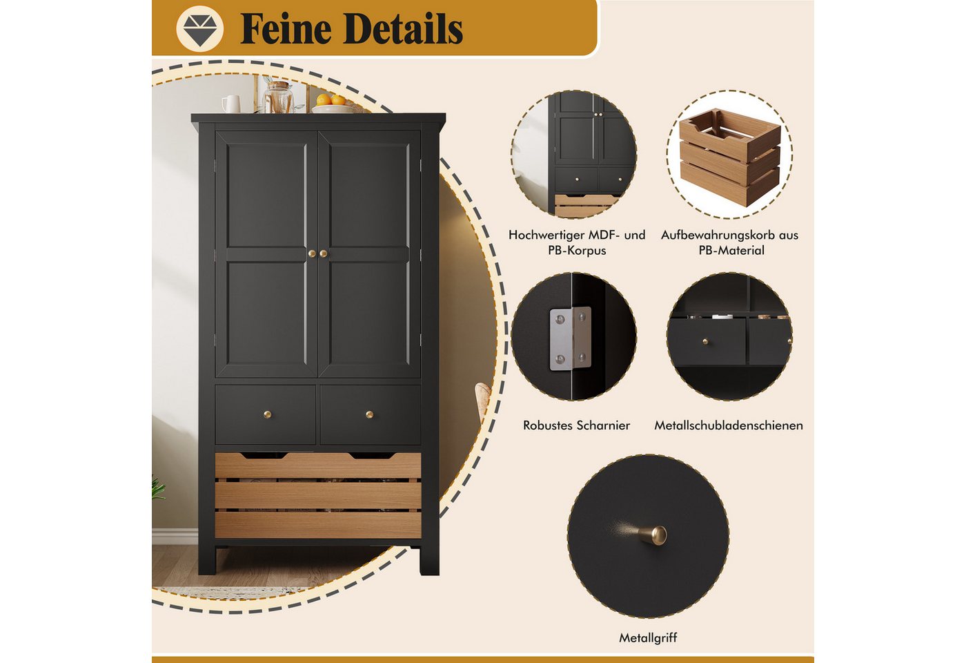 Odikalo Küchenbuffet Küchenschrank Buffetschrank (Küchenschrank (80x40x140cm), hohes Küchenbuffet, Mehrzweckbuffet, Snackschrank, Aufbewahrungsmöbel mit zwei Türen und fünf Schubladen, schwarz / weiß) Bild 5