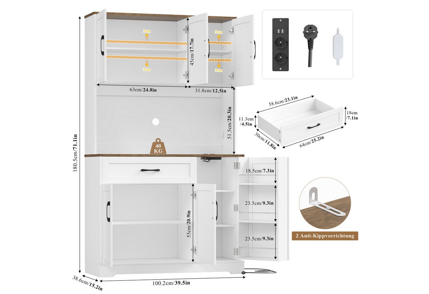 Homfa Küchenbuffet Küchenbuffet mit LED und Steckdosenleiste Küchenschrank Buffetschrank Sideboard weiß mit Steckdosenleiste & Arbeitsplatte 180,5x100x38,6cm
