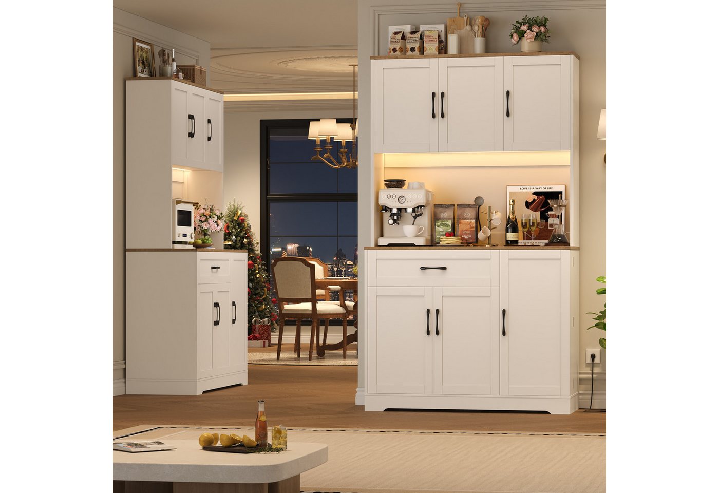 Homfa Küchenbuffet Küchenbuffet mit LED und Steckdosenleiste Küchenschrank Buffetschrank Sideboard weiß mit Steckdosenleiste & Arbeitsplatte 180,5x100x38,6cm Bild 2