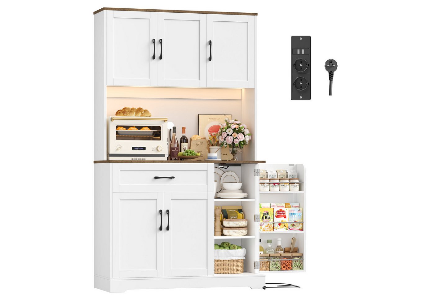 Homfa Küchenbuffet Küchenbuffet mit LED und Steckdosenleiste Küchenschrank Buffetschrank Sideboard weiß mit Steckdosenleiste & Arbeitsplatte 180,5x100x38,6cm Bild 3