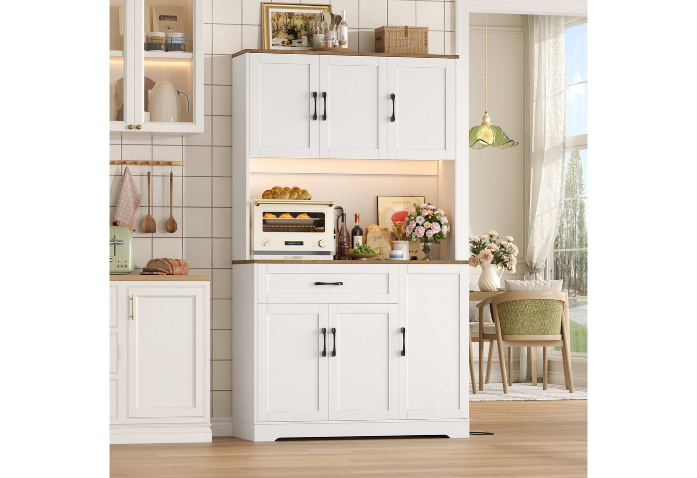 Homfa Küchenbuffet Küchenbuffet mit LED und Steckdosenleiste Küchenschrank Buffetschrank Sideboard weiß mit Steckdosenleiste & Arbeitsplatte 180,5x100x38,6cm Bild 4