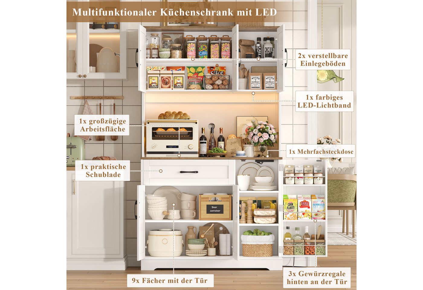 Homfa Küchenbuffet Küchenbuffet mit LED und Steckdosenleiste Küchenschrank Buffetschrank Sideboard weiß mit Steckdosenleiste & Arbeitsplatte 180,5x100x38,6cm Bild 5