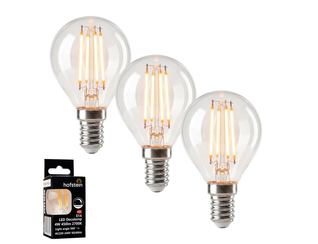 hofstein LED-Leuchtmittel 3er Set Glühbirne Warmweiß dimmbar 4 Watt Kerze, E14, 3000 Kelvin, 400 Lumen, Filament, Klar Bild 2