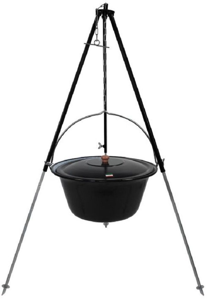 Grillplanet Schwenkgrill Gulaschkessel 22l Emaillie Deckel Dreibein 130cm mit Höhenverstellung, Set, Kessel, Deckel, Dreibein