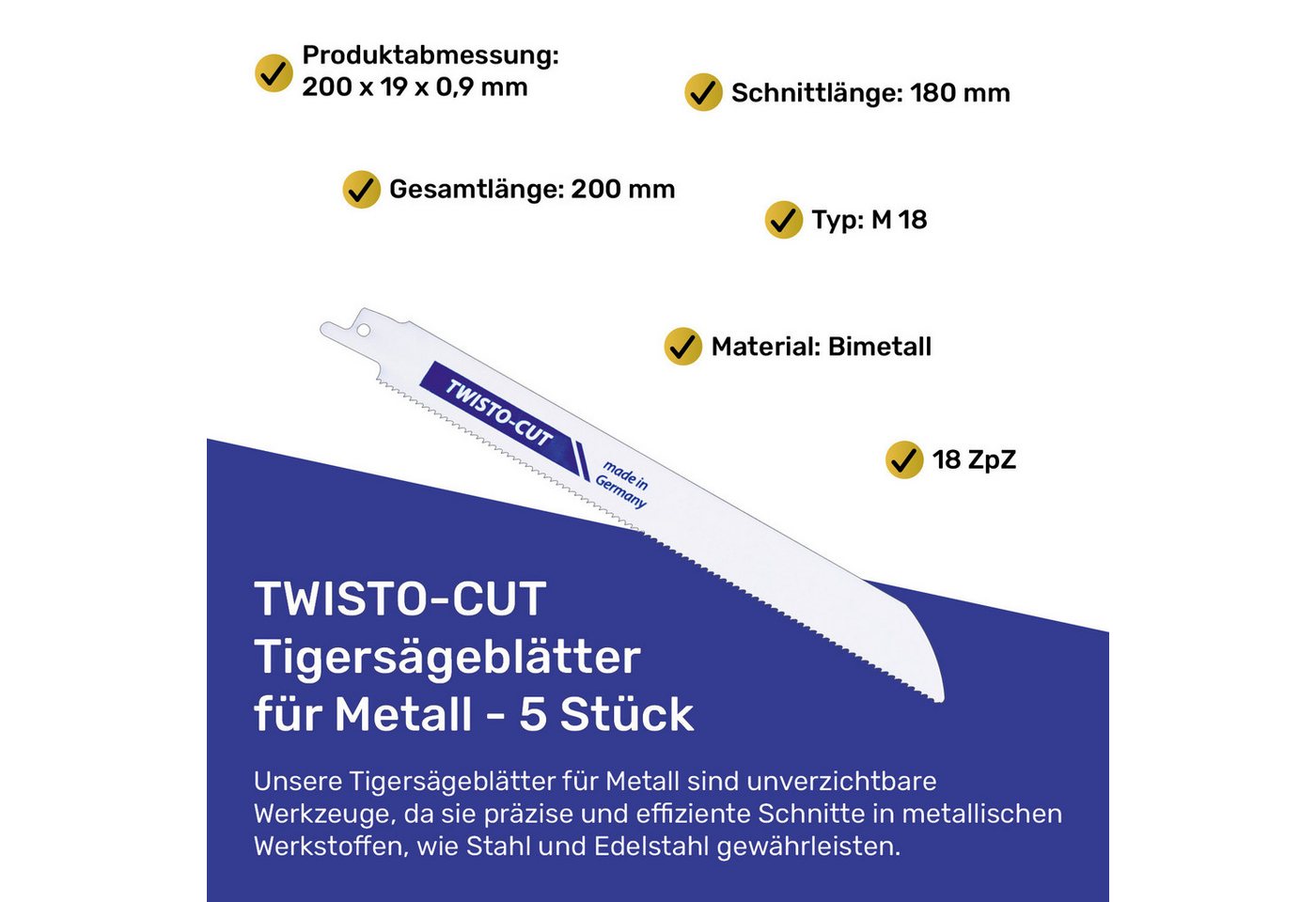 TWISTO-CUT Säbelsägeblatt Tigersägeblätter für Metall, 18 ZpZ, 200 mm - 5 Stück Bild 2
