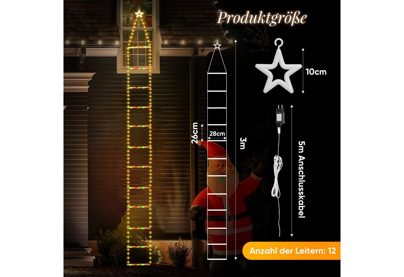 Salcar LED-Lichterkette LED Weihnachts Leiter 3M Weihnachtslichterkette Warmeweiß, Timer, Memory, 9 Modi(Stufenlos Warmweiß/Vierfarben/Macaron-Farben) Bild 2