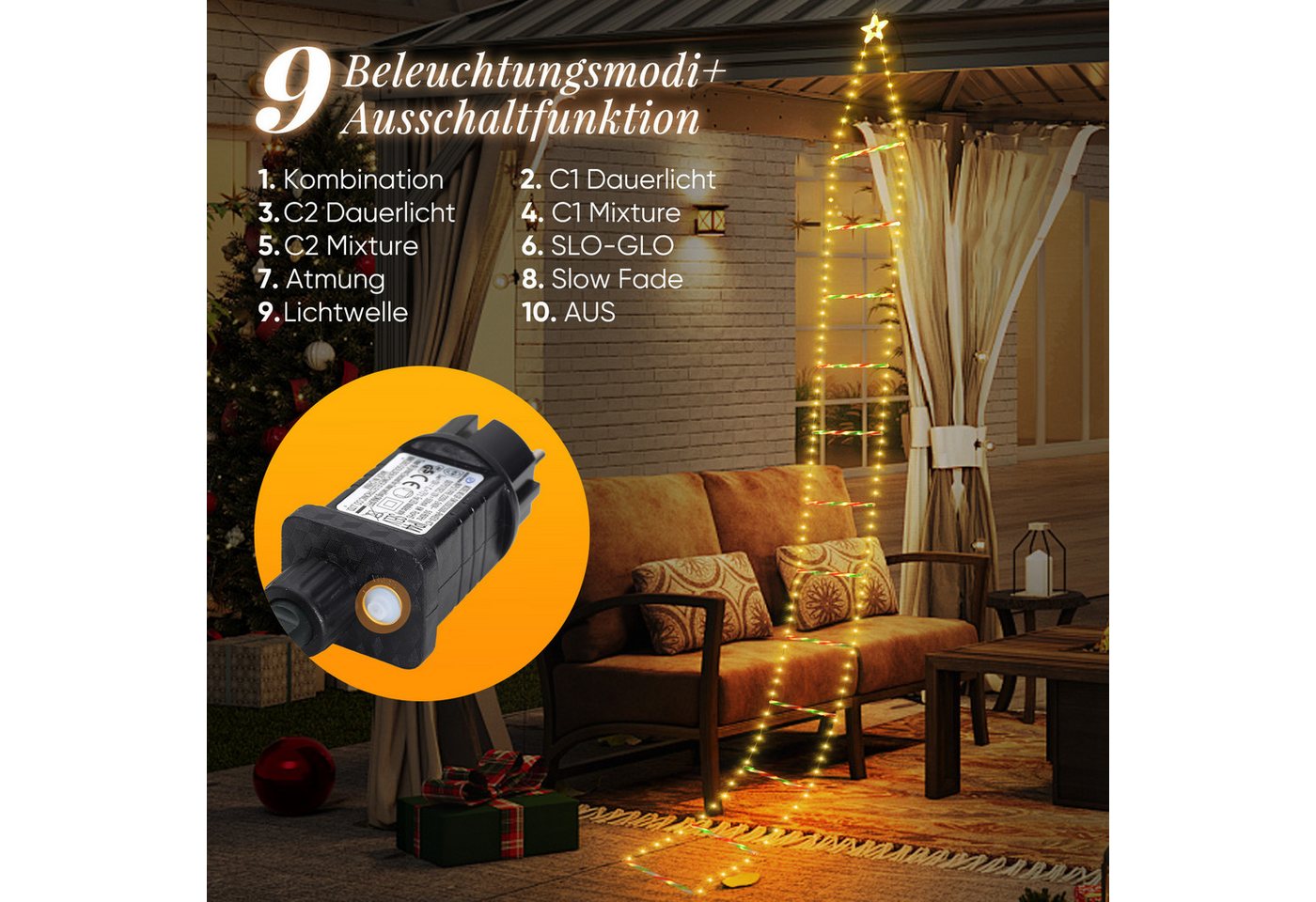 Salcar LED-Lichterkette LED Weihnachts Leiter 3M Weihnachtslichterkette Warmeweiß, Timer, Memory, 9 Modi(Stufenlos Warmweiß/Vierfarben/Macaron-Farben) Bild 3