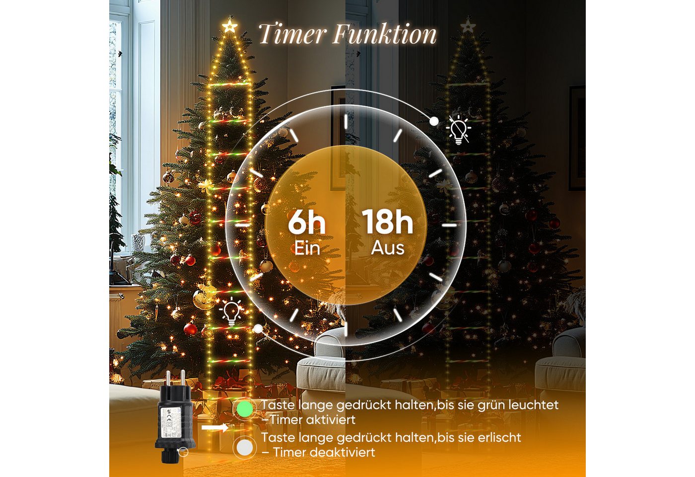 Salcar LED-Lichterkette LED Weihnachts Leiter 3M Weihnachtslichterkette Warmeweiß, Timer, Memory, 9 Modi(Stufenlos Warmweiß/Vierfarben/Macaron-Farben) Bild 5
