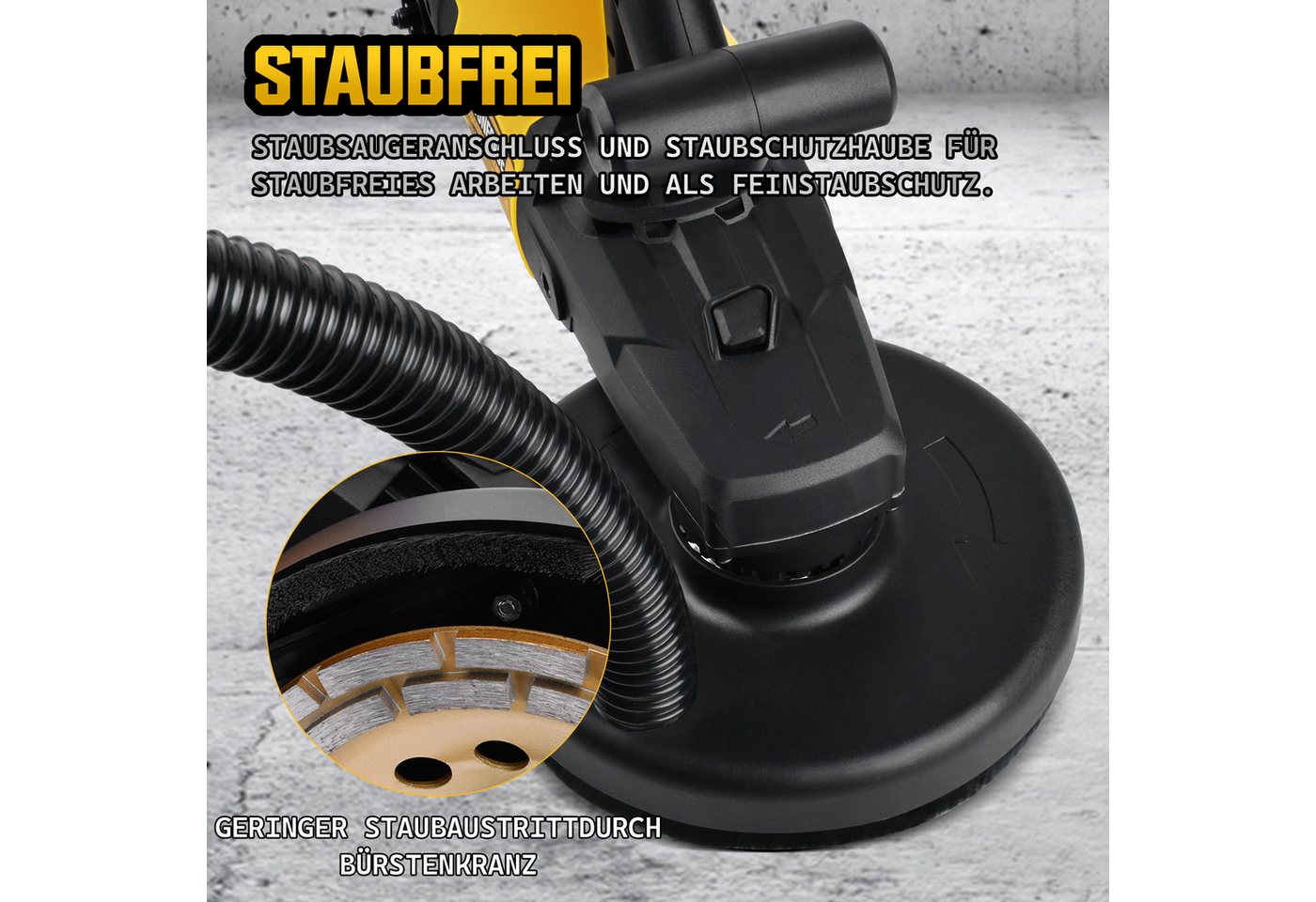 XERSEK Kantenschleifer 3800W Betonschleifer Betonfräse 2-in-1 mit 2x180mm Diamantscheibe M14 (inkl.Langgriff, Klappbare Absaughaube, 6-stufigen Drehzahlregelung), Schleifgerät Zum Schleifen & Fräsen von Beton Fliesenkleber Stein Putz Bild 2