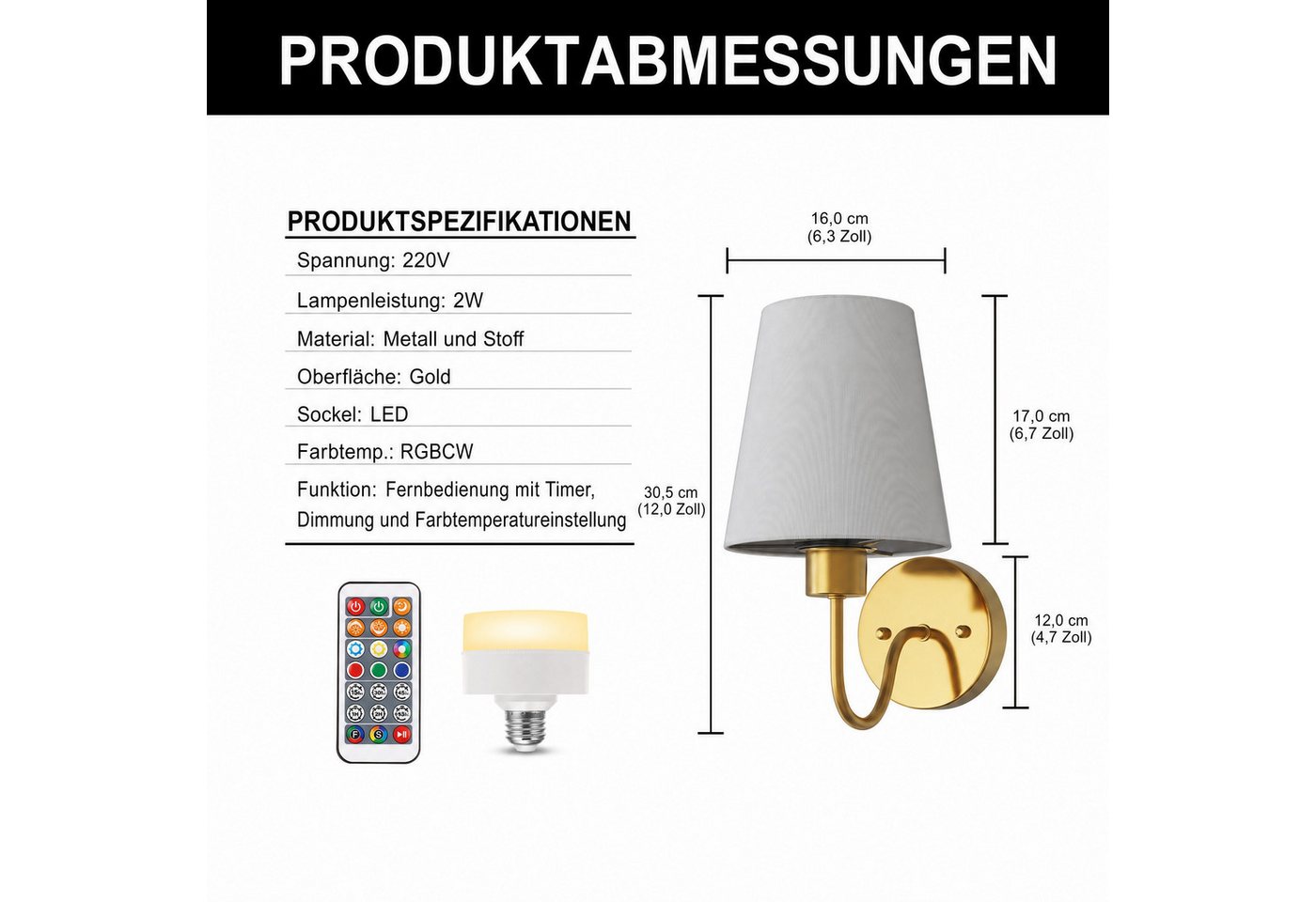 LOHAS-LED Wandleuchte Kabellose LED-Wandlampe 2er-Set mit Stoffschirm, LED wechselbar, Warmweiß bis Kaltweiß mit RGB-Farbwechsel, Wiederaufladbar RGBCW Kupfer-Optik Fernbedienung Bild 2