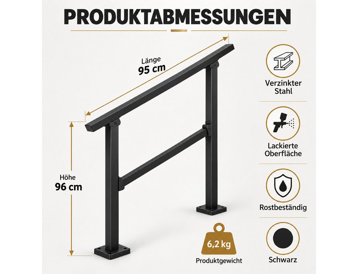LEMLIT Brüstungsgeländer Treppengeländer Außen 95 cm, Handlauf Für 3 Stufen, Schwarz, 95 cm Länge, 96 cm Höhe, 1er Set, 1-tlg., Treppenhandlauf / Treppengeländer, 96 cm Hoch, Seitlich Montiert, Inkl. Montagematerial Bild 2