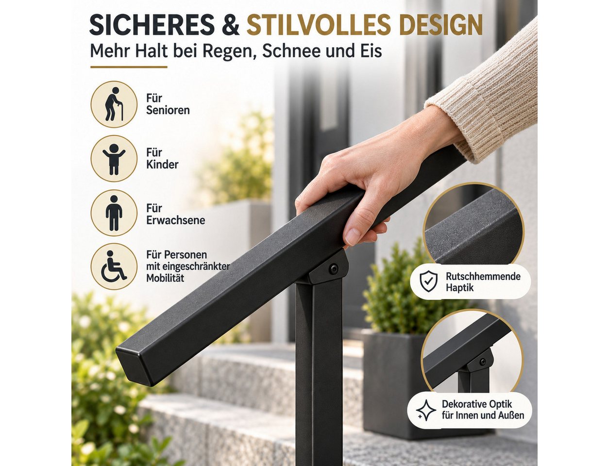 LEMLIT Brüstungsgeländer Treppengeländer Außen 95 cm, Handlauf Für 3 Stufen, Schwarz, 95 cm Länge, 96 cm Höhe, 1er Set, 1-tlg., Treppenhandlauf / Treppengeländer, 96 cm Hoch, Seitlich Montiert, Inkl. Montagematerial Bild 4