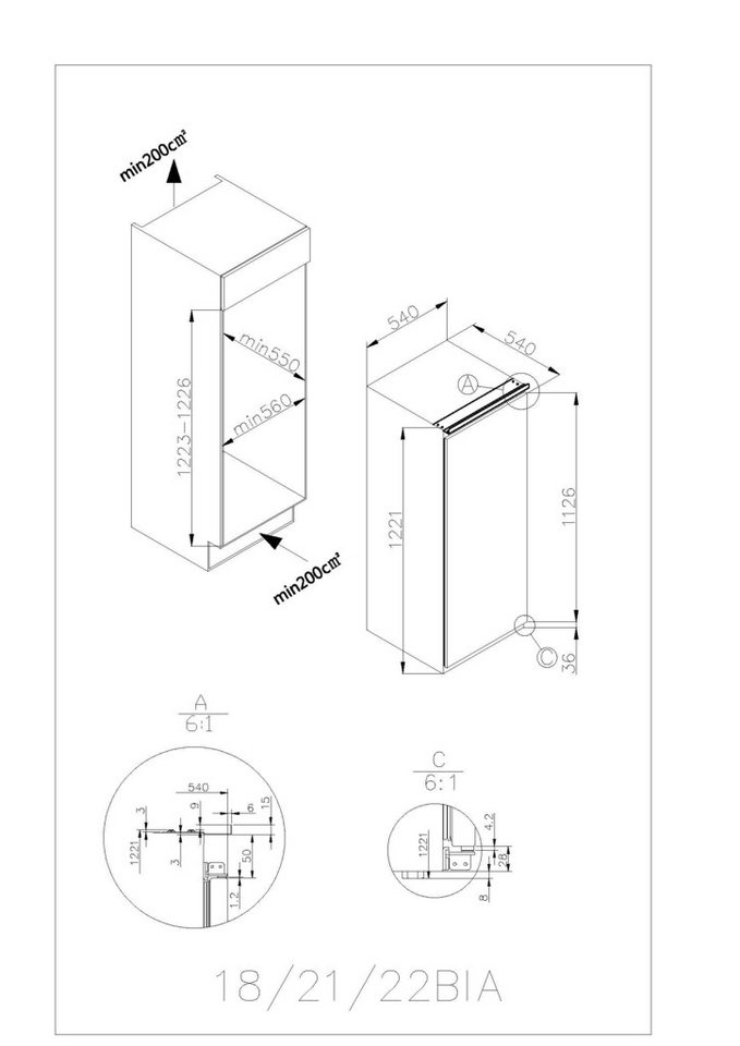 Amica Einbaukühlschrank EVKSS 352 225, 122 cm hoch, 54 cm breit, 197 Liter Nutzinhalt – Großzügiger Stauraum für den Wocheneinkauf
