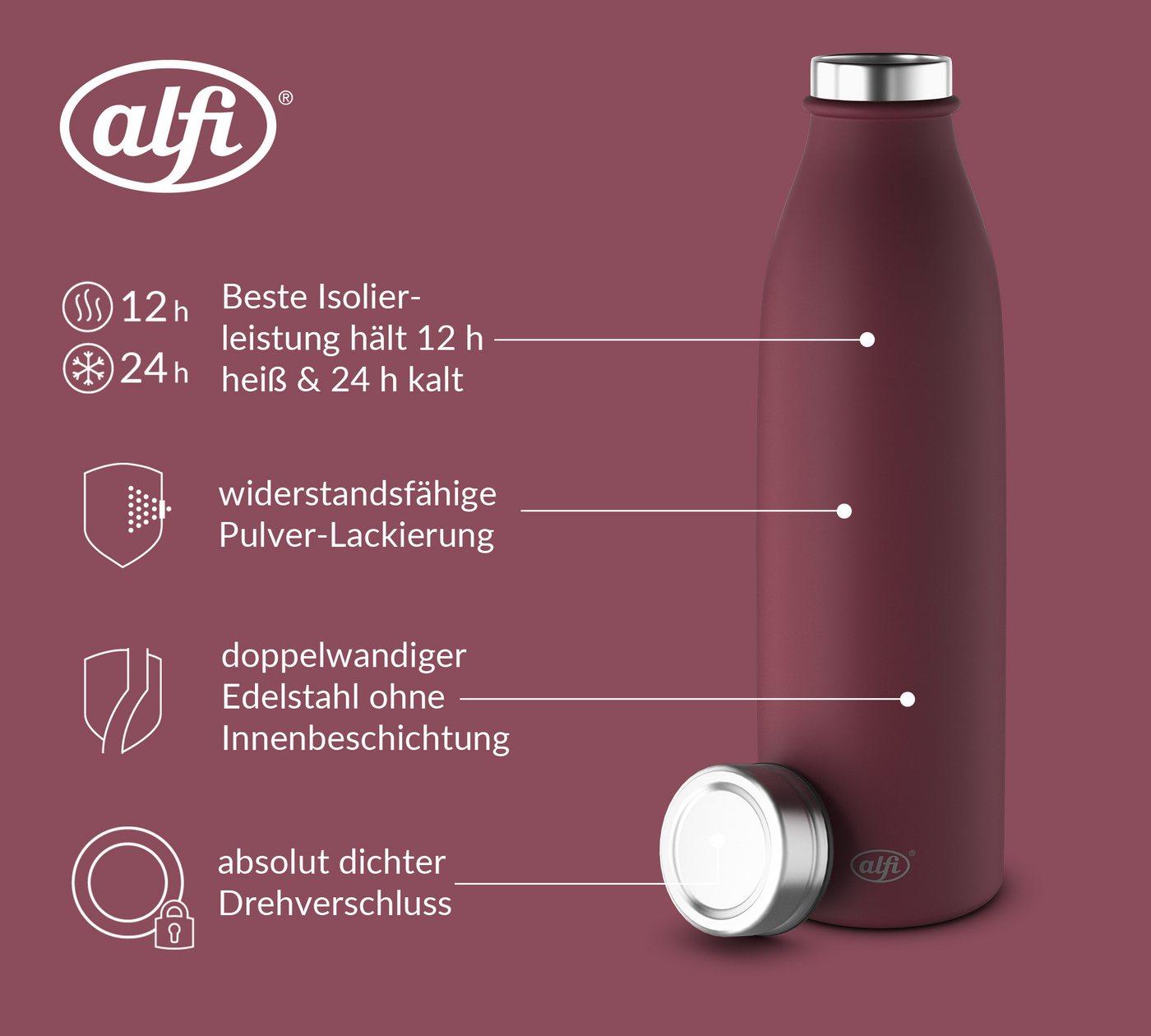 Alfi Isolierflasche PURE BOTTLE, aus doppelwandigem Edelstahl, spülmaschinenfest, 0,50l, 24h kalt, Pulverbeschichtung, absolut dicht bei Kohlensäure Bild 5