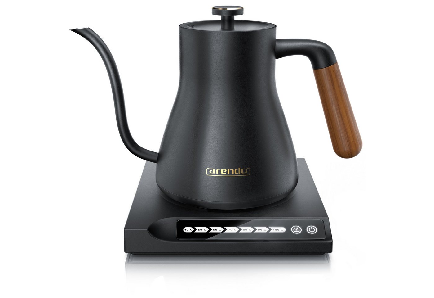 Arendo Wasserkocher aus Edelstahl, Retro, mit Temperatureinstellung, Griff aus Echt Holz, 0,5 l, 1000 W, Mini, Temperaturwahl 40° - 100°, Warmhaltefunktion 30 Min, Teekocher