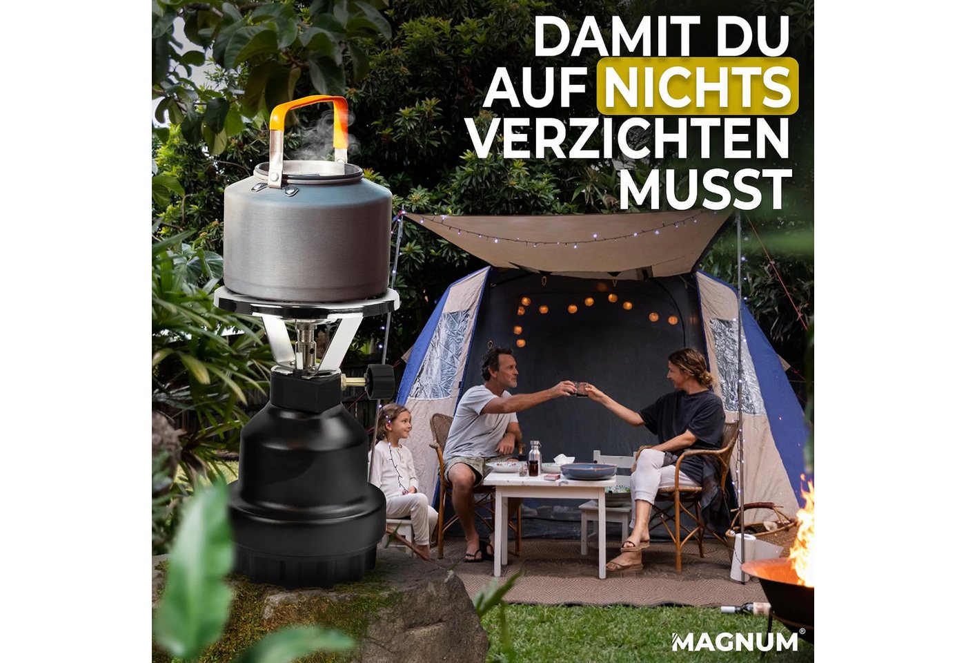 Magnum Wave Gaskocher Camping [0,8 kW] Campingkocher inkl. 4 Gaskartuschen, (Spar-Set), Schwarz, 62 g/h Gasverbrauch, für Camping, Notfall