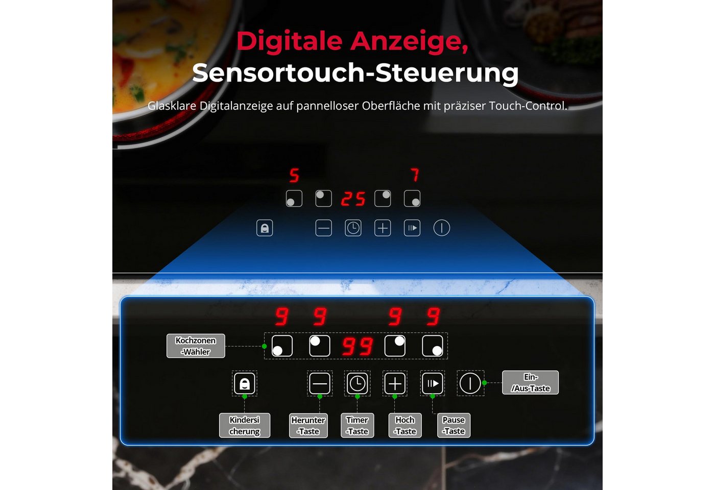SNDOAS Elektro-Kochfeld, Glaskeramikkochfeld 60 cm, 4 Kochzonen 6000 W, für alle Töpfe Bild 2